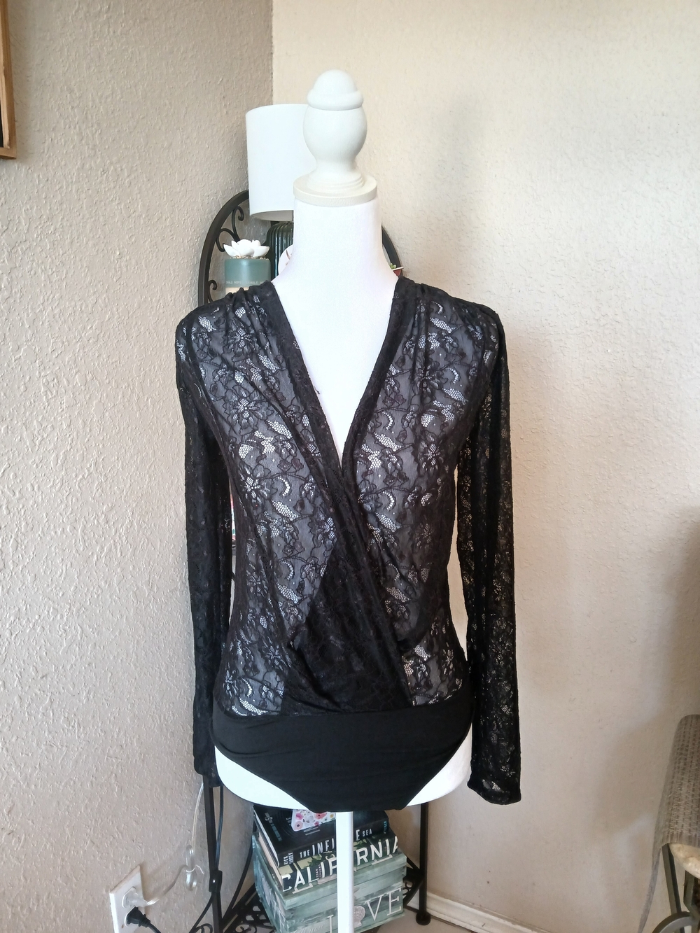 Zara Black Sheer Lace Wrap-Front Bodysuit